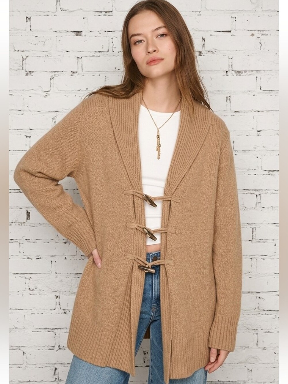 Lord & Taylor wool cashmere antler buttons cable knit cardigan camel brown Small
